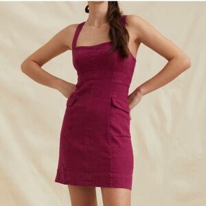 Anthropologie square neck mini dress 10 flap pocket purple denim look